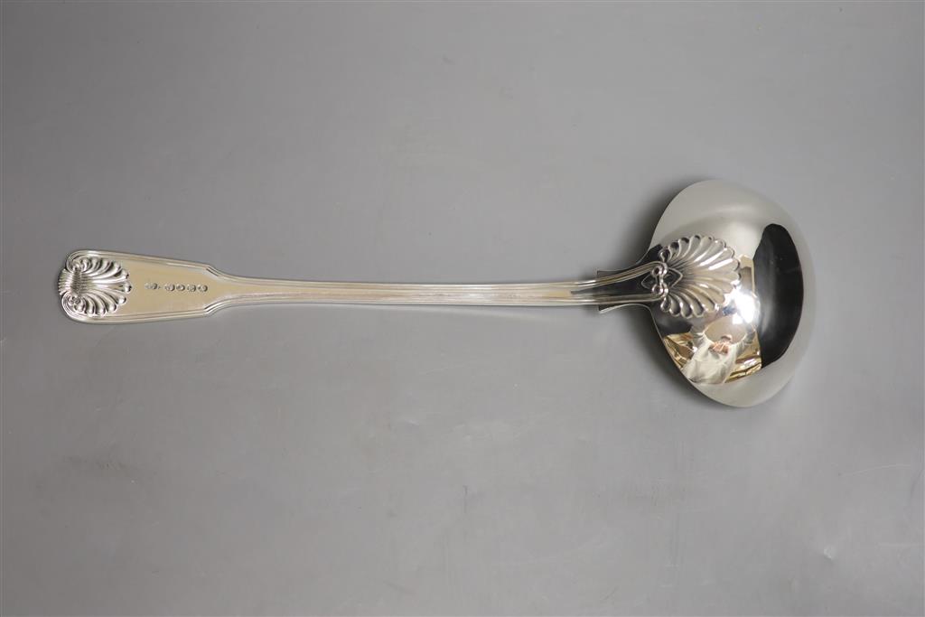 A Victorian silver fiddle, thread and shell pattern sauce ladle, Elizabeth Eaton, London, 1855, 33.5oz, 9.5oz,